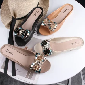Metal Bead Women's Slippers – Stylish Casual Flat Sandals for Home, Outdoor & Beach Wear (Summer)