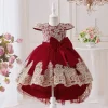 T6068 Embroidered Gold Trim Princess Dress – Girls' Birthday Gown with Floral Train, Bow & Tutu (Summer 2025)