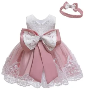 RL-M6321 Lace Color-Block First Birthday Dress – Baby Girl's Bow Princess Evening Gown with Tulle (Spring 2026)
