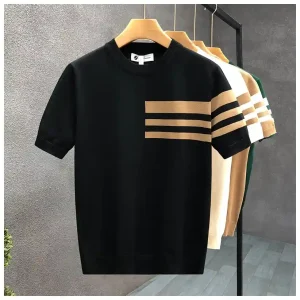 T176 Men's Color-Block Knitted Short-Sleeve T-Shirt – Trendy Crew Neck Thin Base Layer Top (Summer 2025)