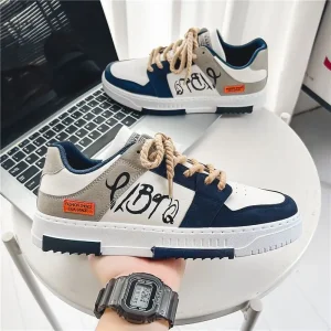 Trendy Japanese-style low-top sneakers with PU upper, rubber sole, and EVA insole. Features hidden height increase and warm microfiber lining. Available in red, blue, and beige, sizes 39-44.