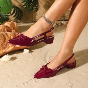 327-1 Women's Pointed Toe Bow Sandals – Chunky Heel Shallow Mouth Shoes for Spring 2026 (European & American Style)