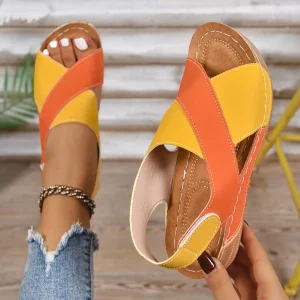 Women's Color Block Platform Sandals – Hollow-Out Cross Strap Wedge Roman Shoes for Summer 2025 (Wholesale)