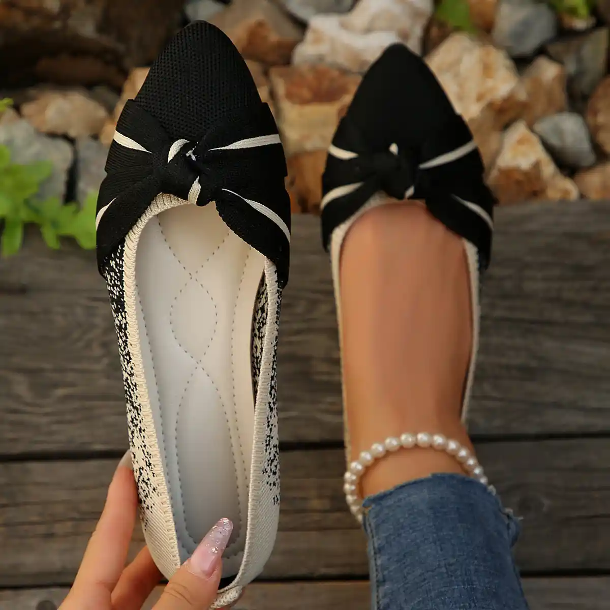 Women's Pointed Toe Flyknit Slip-On Shoes – Breathable Flat Bow-Tie Professional Flats (Fall 2025) - Image 2